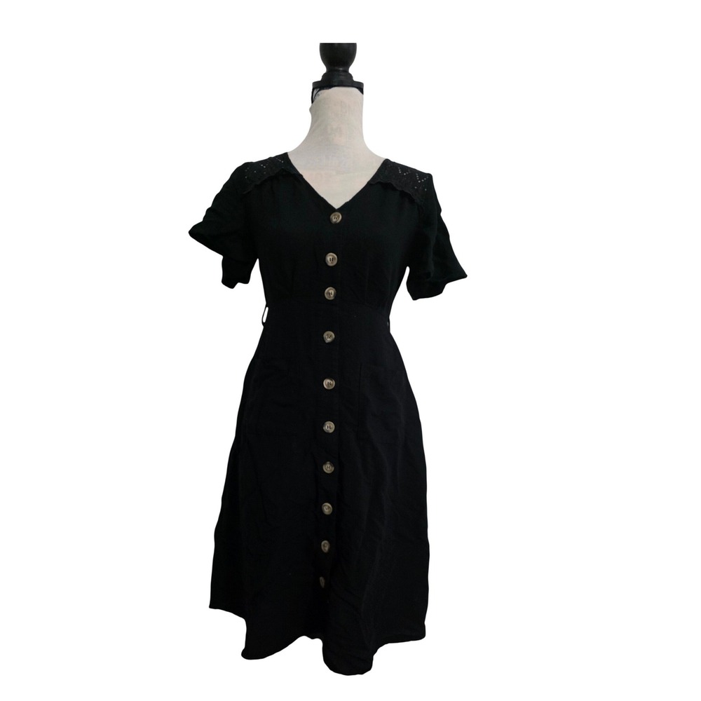 Moon River Womens Black Crochet Lace Button Front Midi Dress T85541 Small